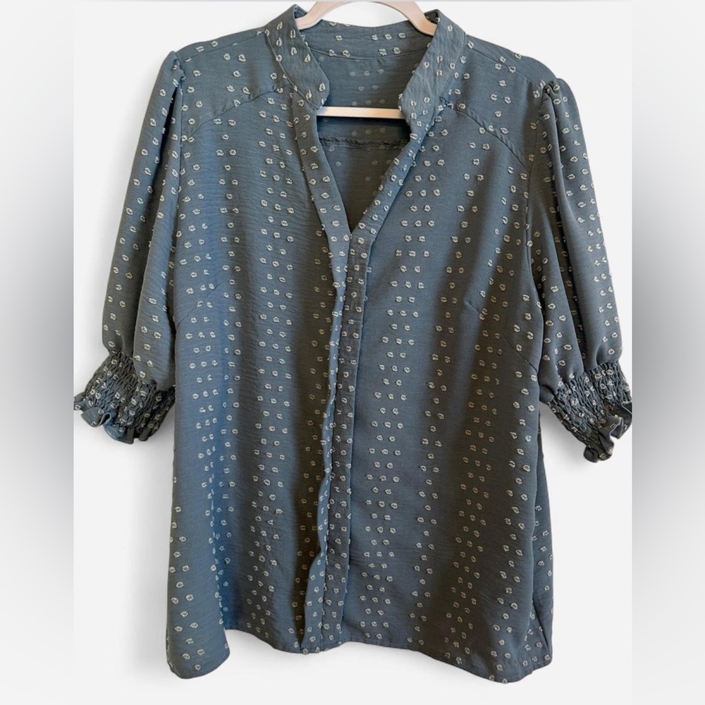 Shein Blue Polka Dot Blouse | Size XL | Smocked Sleeve Lightweight Button-Up Top